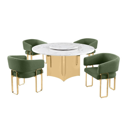 5pc Circle Marble Top With Lazy Susan and 4 Gray Tri-Leg Desing Gold Base