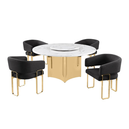 5pc Circle Marble Top With Lazy Susan and 4 Black Tri-Leg Desing Gold Base
