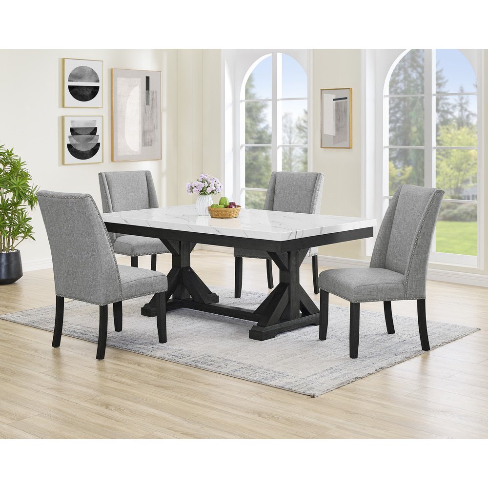 5Pc Fuax Marble Top Dining Set With 4 Gray Side Chairs
