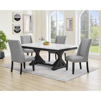 5Pc Fuax Marble Top Dining Set With 4 Gray Side Chairs