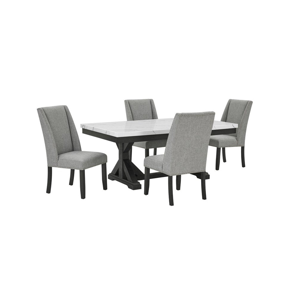 5Pc Fuax Marble Top Dining Set With 4 Gray Side Chairs