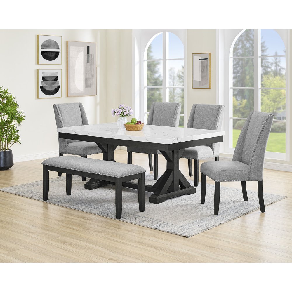6Pc Fuax Marble Top Dining Set With 4 Gray Side Chairs And A Matching Bench