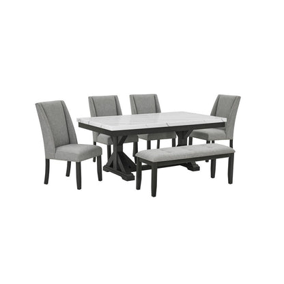 6Pc Fuax Marble Top Dining Set With 4 Gray Side Chairs And A Matching Bench