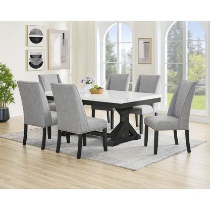7Pc Fuax Marble Top Dining Set With 6 Gray Side Chairs