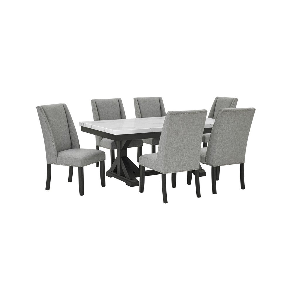 7Pc Fuax Marble Top Dining Set With 6 Gray Side Chairs