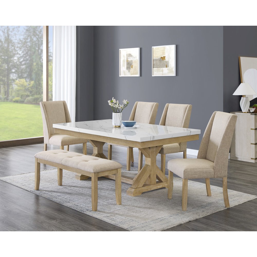 6Pc Fuax Marble Top Dining Set With 4 Beige Side Chairs And A Matching Bench