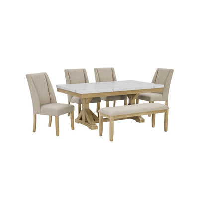 6Pc Fuax Marble Top Dining Set With 4 Beige Side Chairs And A Matching Bench