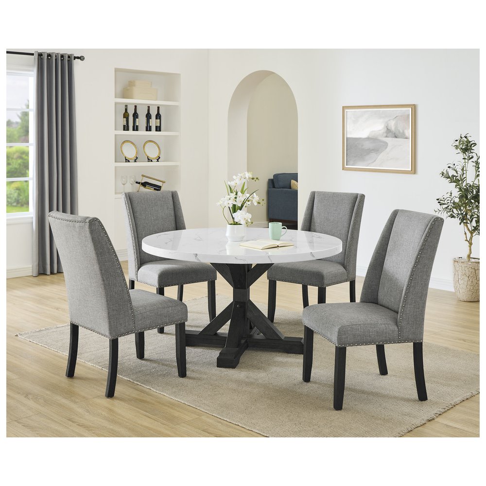 5Pc Faux Marble Table With 4 Rustic Gray Fabric Side Chairs