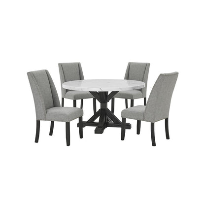 5Pc Faux Marble Table With 4 Rustic Gray Fabric Side Chairs