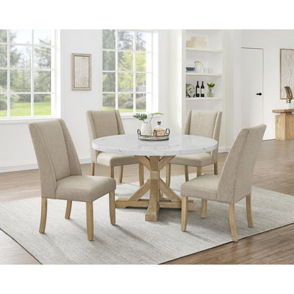 5Pc Faux Marble Table With 4 Rustic Beige Fabric Side Chairs