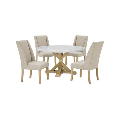 5Pc Faux Marble Table With 4 Rustic Beige Fabric Side Chairs