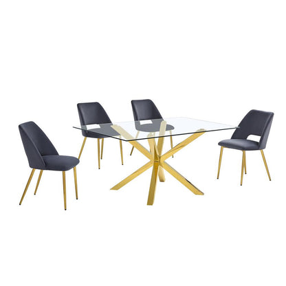 5pc modern glass dining table with 4 Dark grey side chairs