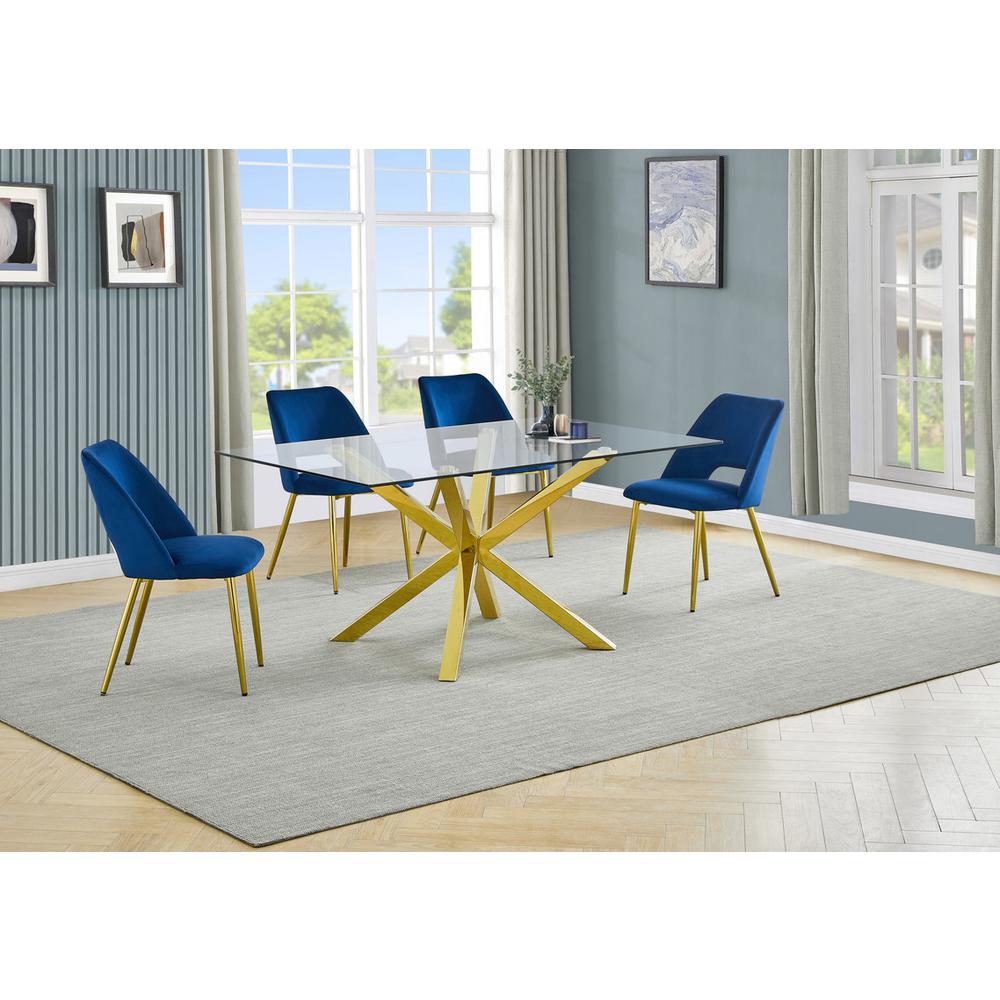 5pc modern glass dining table with 4 Navy blue side chairs