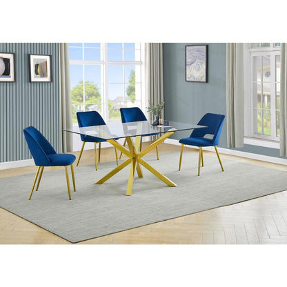 5pc modern glass dining table with 4 Navy blue side chairs