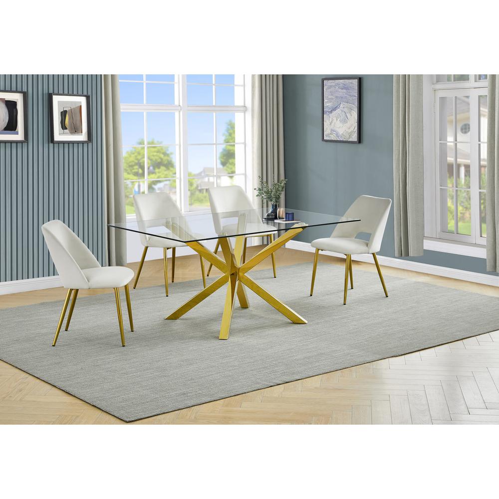 5pc modern glass dining table with 4 Cream side chairs