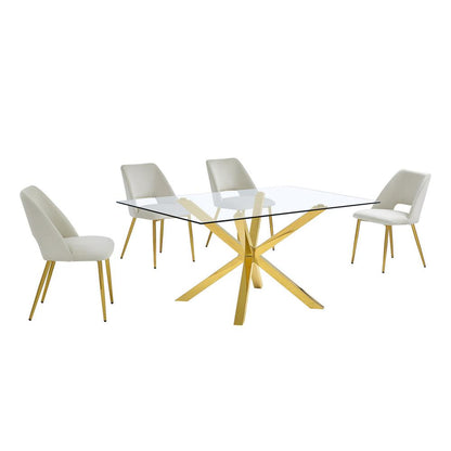 5pc modern glass dining table with 4 Cream side chairs