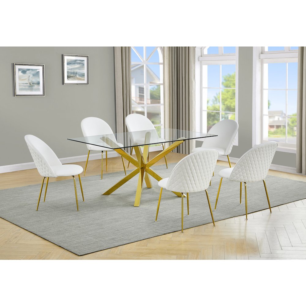 Rectangular dining table with 6 White faux leather side chairs (7 Piece)