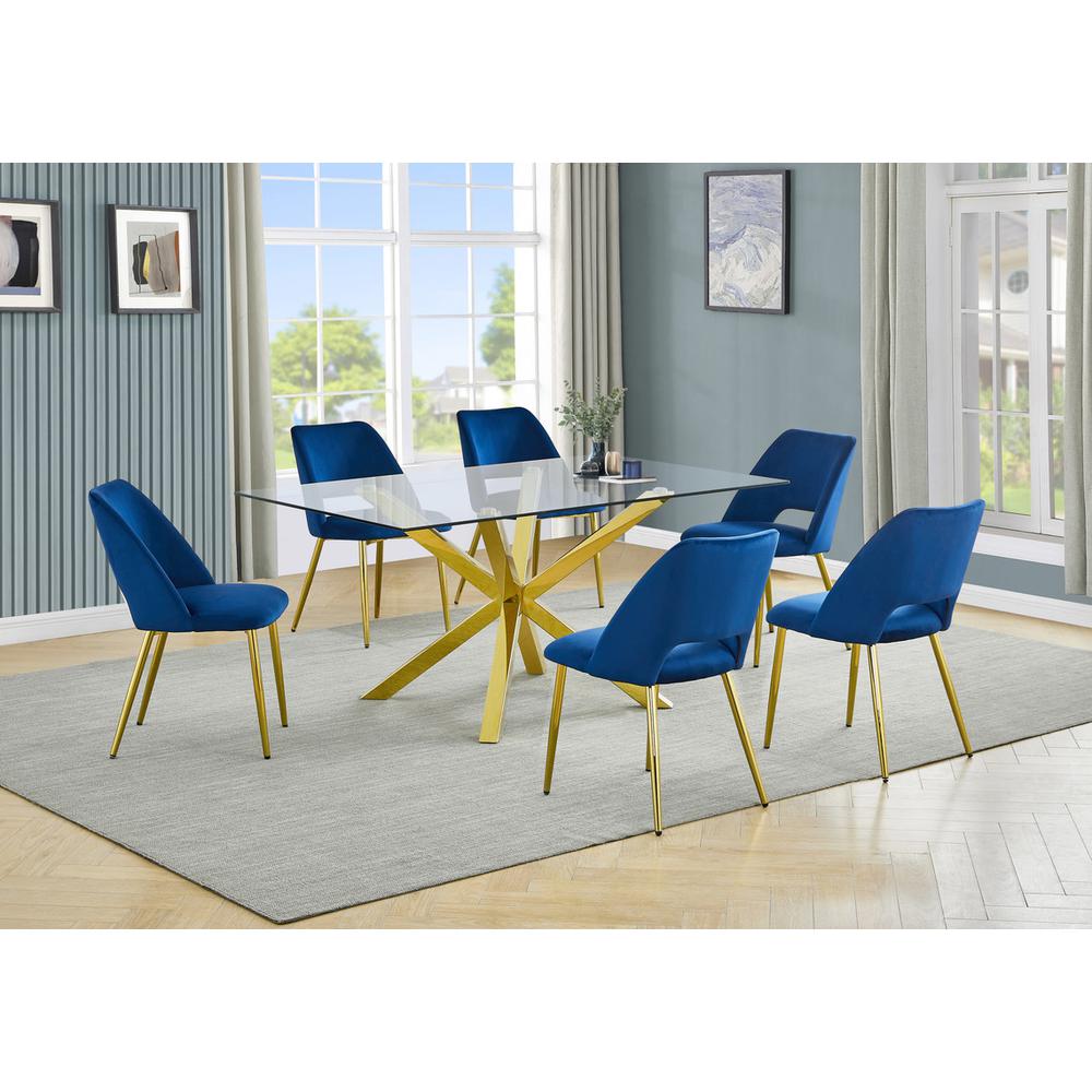 7pc modern glass dining table with 6 Navy blue side chairs