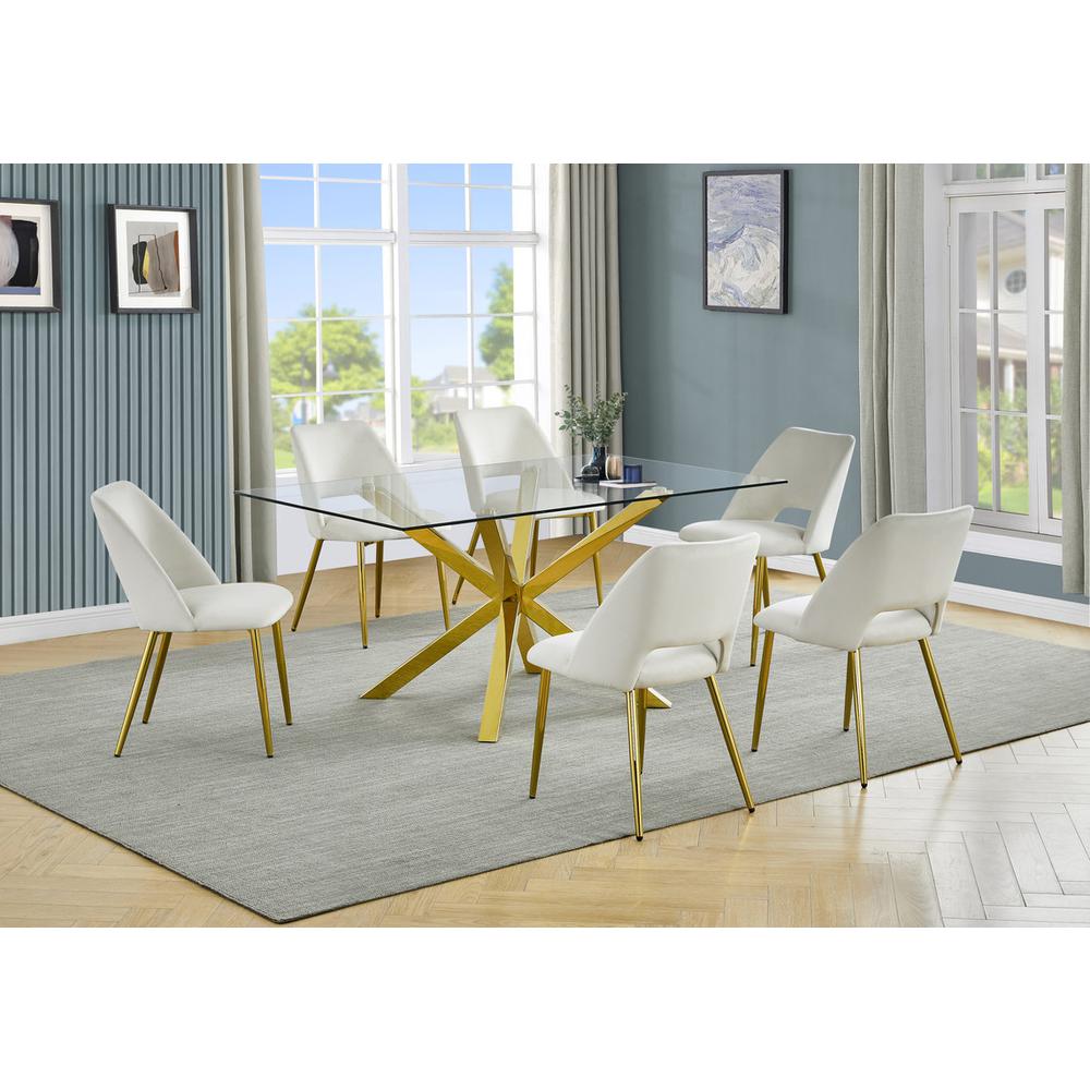 7pc modern glass dining table with 6 Cream side chairs