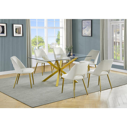 7pc modern glass dining table with 6 Cream side chairs