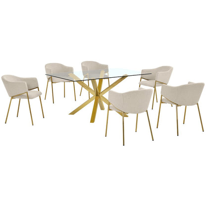 7Pc Rectangle Tempered Glass Dining Table With 6 Beige Side Chairs