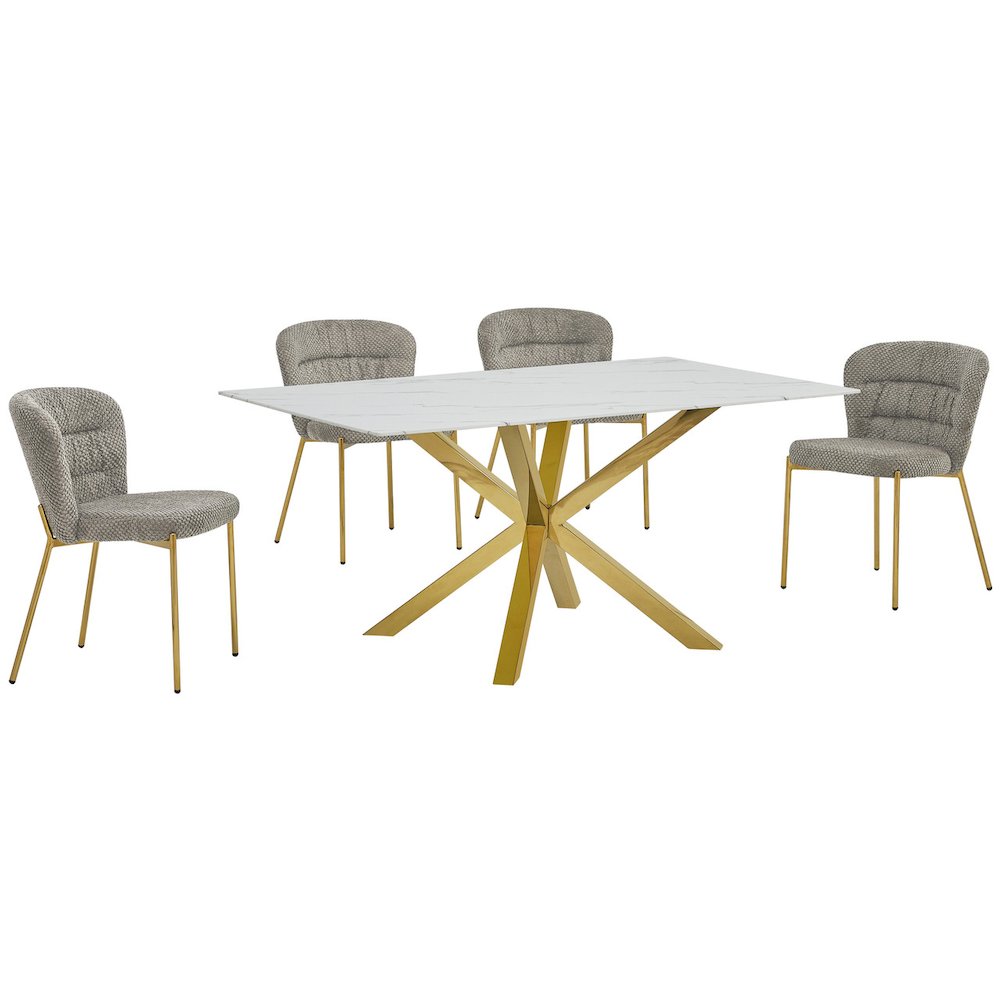 Rectangle White Marble Wrap Glass Dining Table With 4 Grey Side Chairs