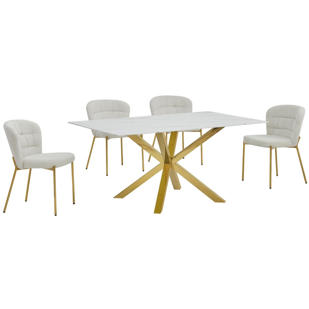 Rectangle White Marble Wrap Glass Dining Table With 4 Cream Side Chairs