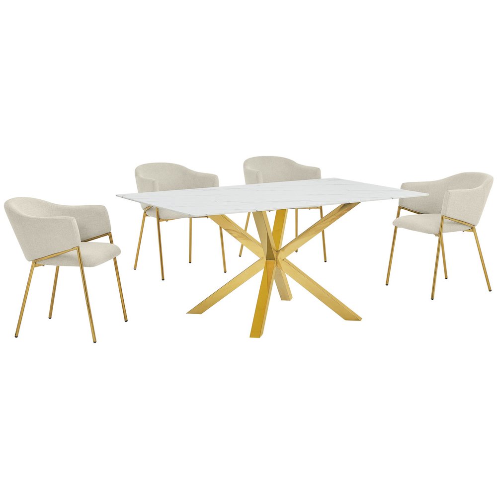 5Pc Rectangle Marble Wrap Tempered Glass Dining Table 4 Linen Beige Side Chairs