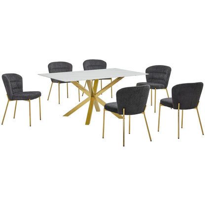 Rectangle White Marble Wrap Glass Dining Table With 6 Dark Grey Side Chairs