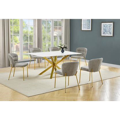 Rectangle White Marble Wrap Glass Dining Table With 6 Grey Side Chairs