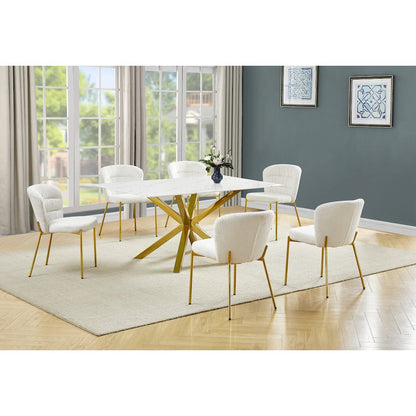 Rectangle White Marble Wrap Glass Dining Table With 6 Cream Side Chairs