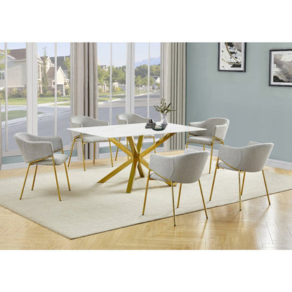 7Pc Rectangle Marble Wrap Tempered Glass Dining Table 6 Linen Gray Side Chairs