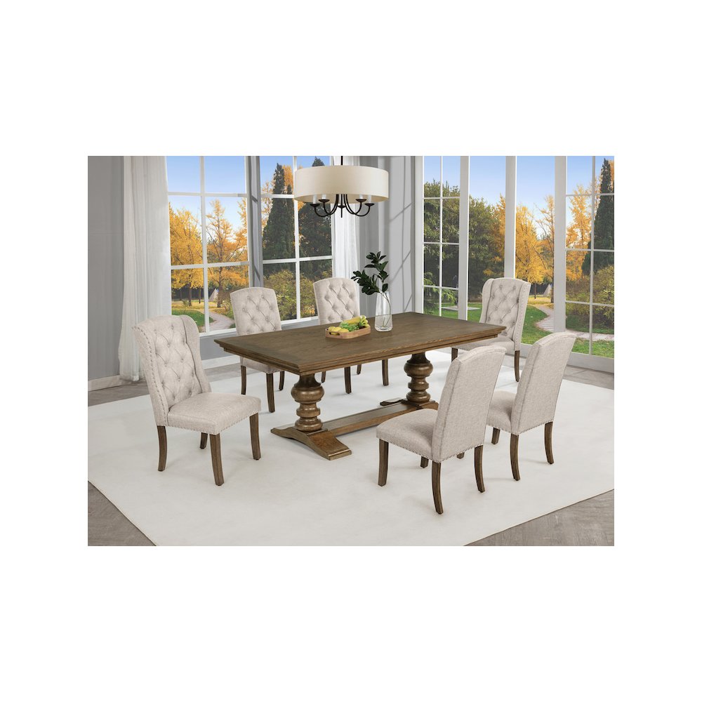 Traditional Dinging Set With 6 Beige Side Chairs And One 72" Wood Dining Table