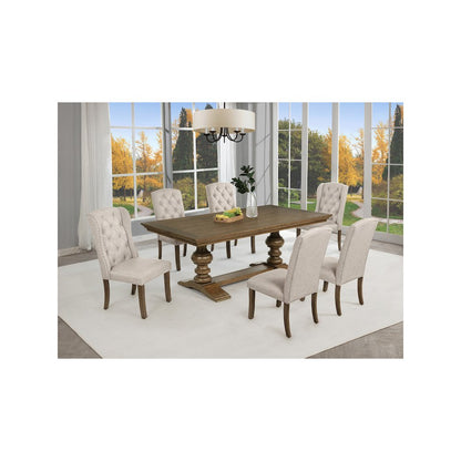 Traditional Dinging Set With 6 Beige Side Chairs And One 72" Wood Dining Table