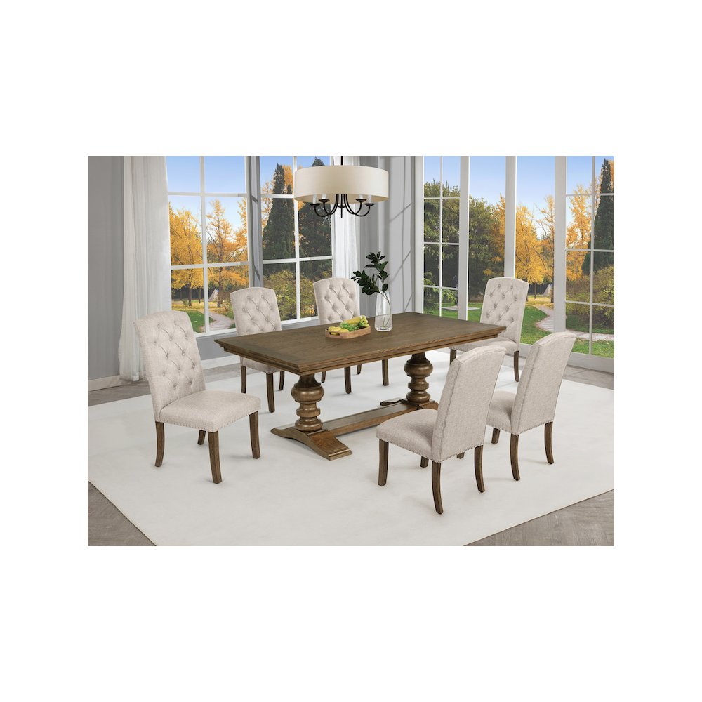 Traditional Dinging Set With 6 Beige Side Chairs And One 72" Wood Dining Table