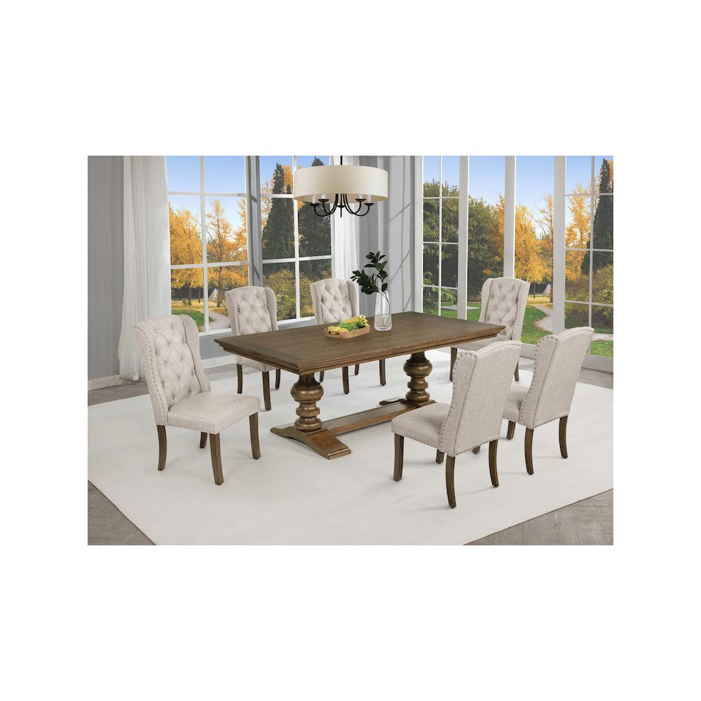 Traditional Dinging Set With 6 Beige Side Chairs And One 72" Wood Dining Table