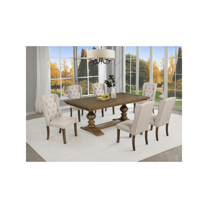 Traditional Dinging Set With 6 Beige Side Chairs And One 72" Wood Dining Table