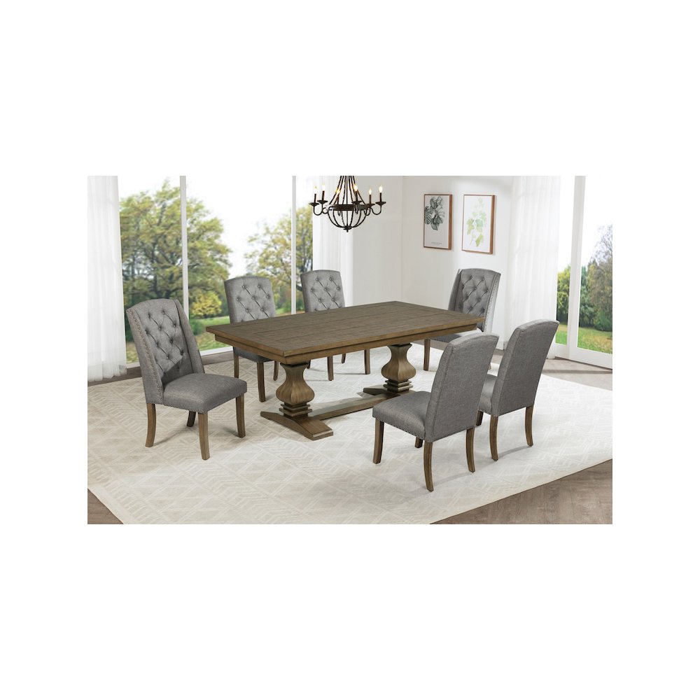 7 Piece Traditional Dining Set With Grey Side Chairs