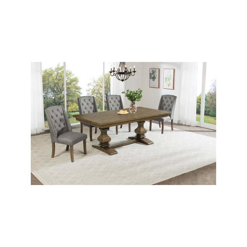 5 Piece Traditional Dining Set With Grey Side Chairs