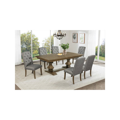 7 Piece Traditional Dining Set With Grey Side Chairs