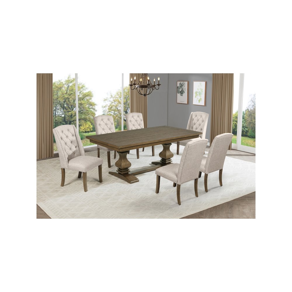 7 Piece Traditional Dining Set With Beige Side Chairs