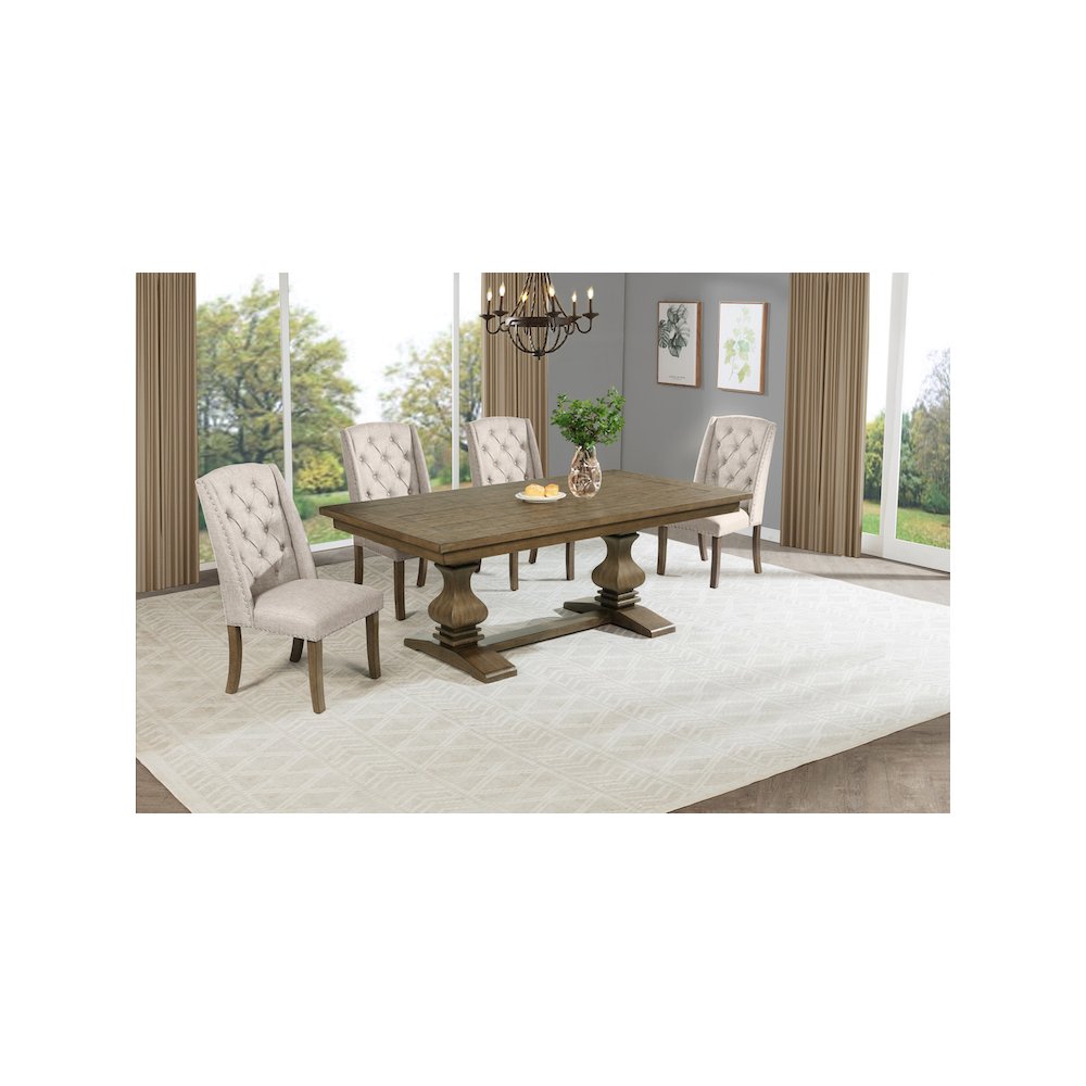 5 Piece Traditional Dining Set With Beige Side Chairs