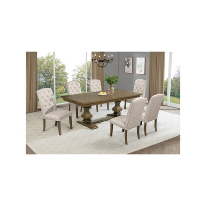 7 Piece Traditional Dining Set With Beige Side Chairs