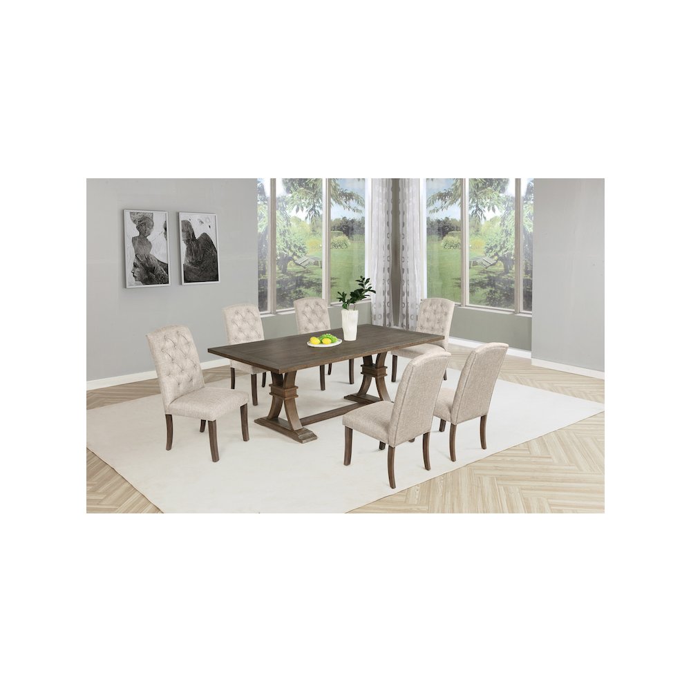 7 Piece Traditional Dining Set With Beige Side Chairs