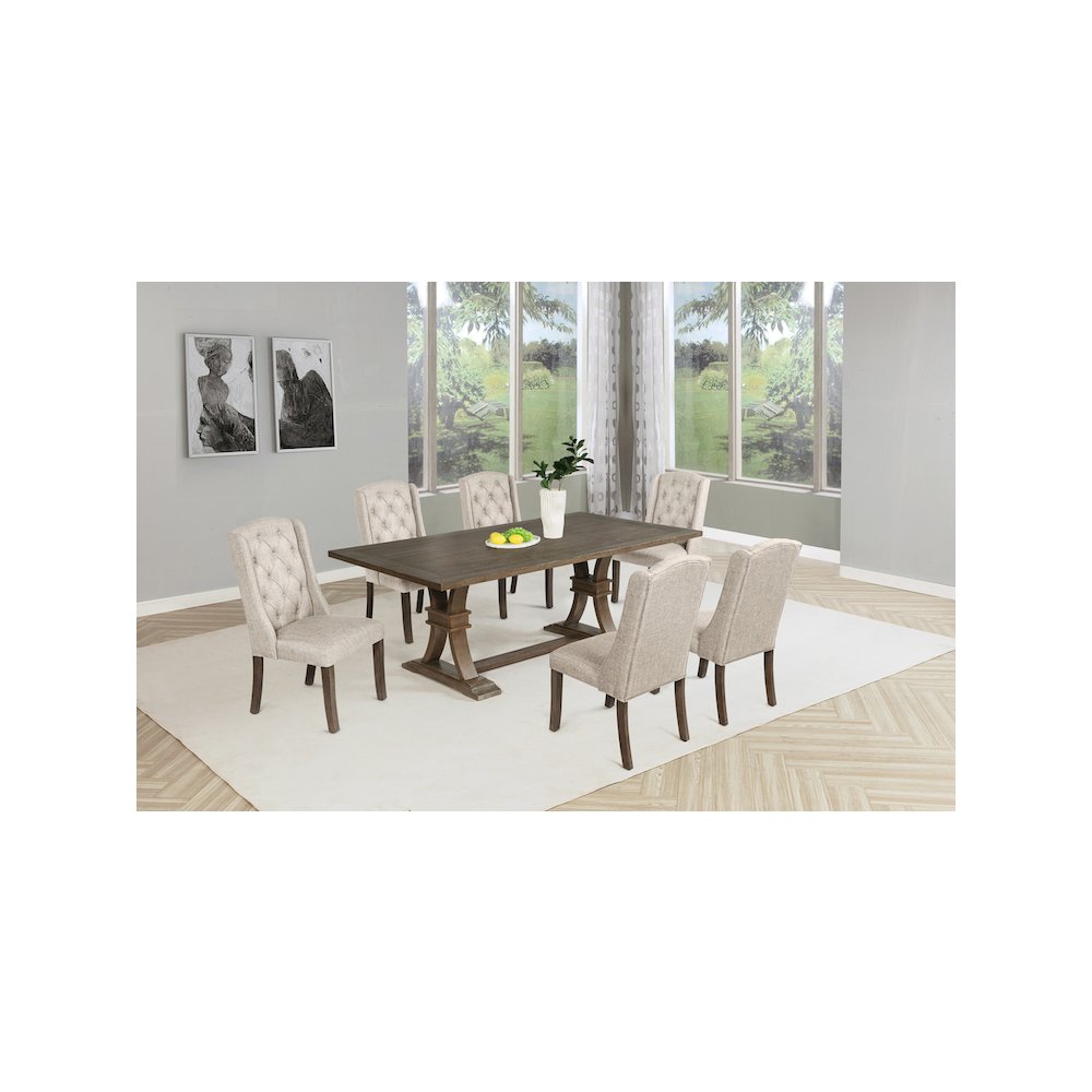 7 Piece Traditional Dining Set With Beige Side Chairs