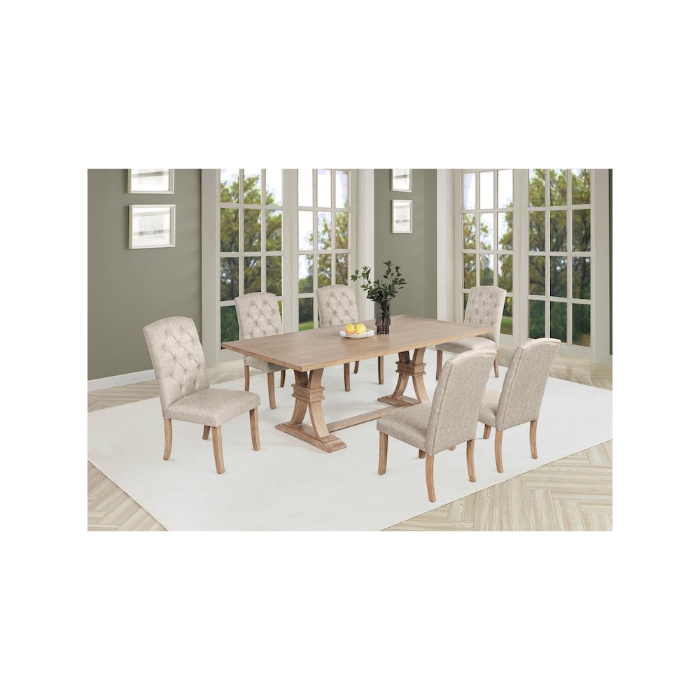7 Piece Traditional Dining Table With Beige Side Chairs