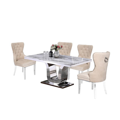White Marble 5pc Set Tufted Wingback Chairs in Cream Velvet
