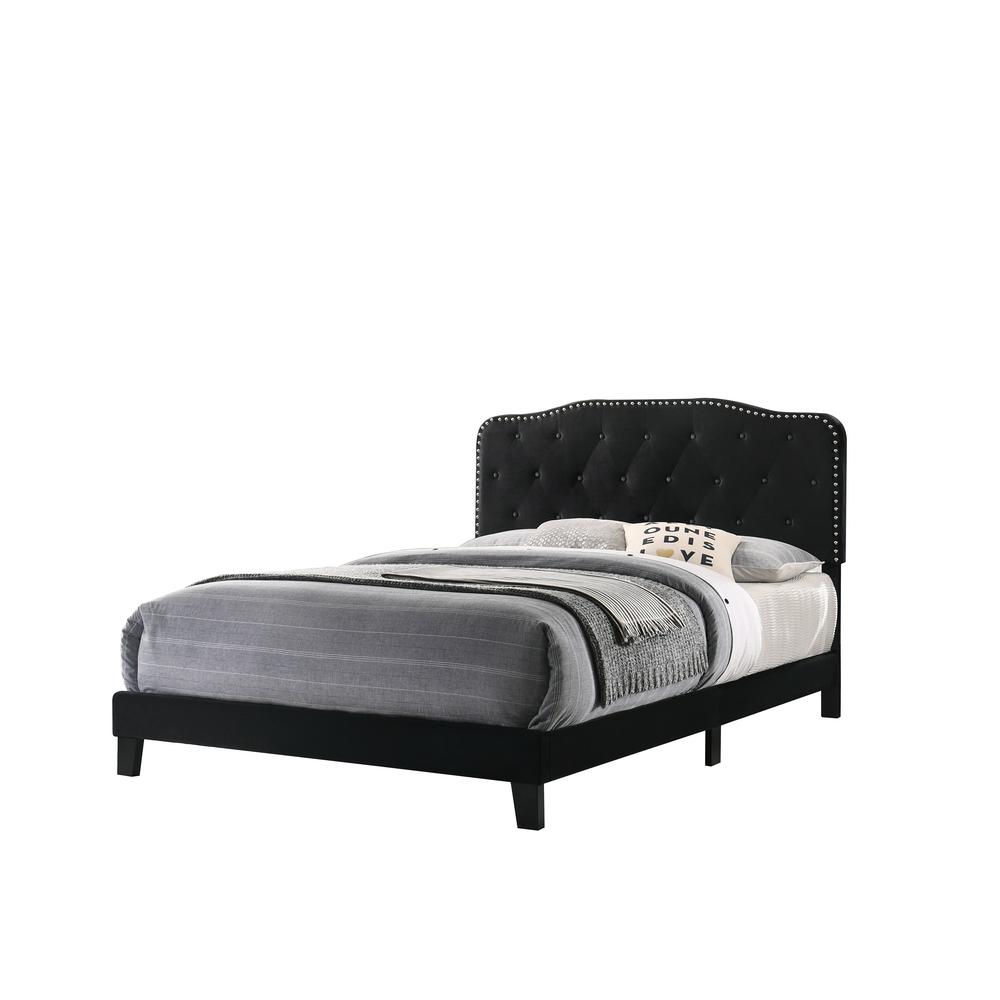 Black Velvet Uph. Panel Bed with Silver Nailhead - Full