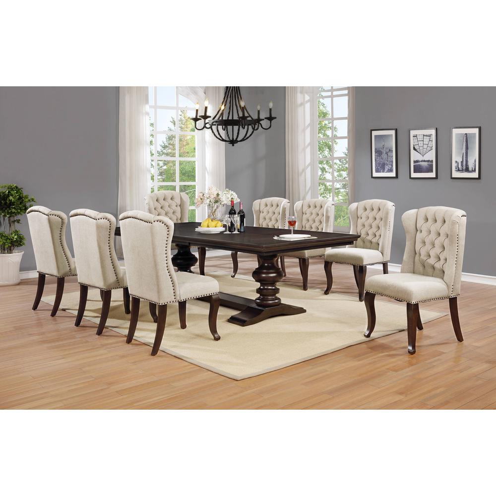 Classic 9pc Dining Set w/Uph Wingback Chairs Tufted & Naildhead Trim, Table w/Center 20" Leaf, Beige
