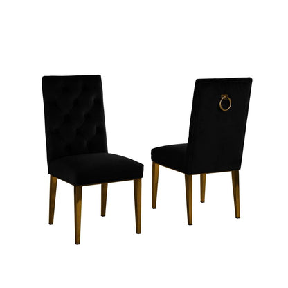 Gold Tempered Glass 7 Piece Dining Set Ring Chairs in Black Velvet